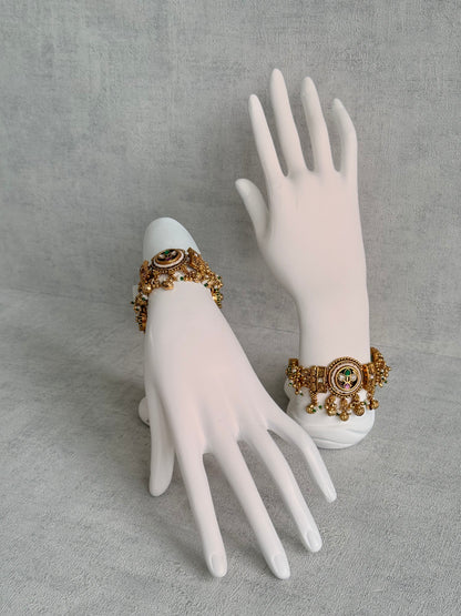 Ayura Designs Pravya Bracelet – Gold Bracelet with Mint, Pink & Green Stones & Ghungroo Detailing