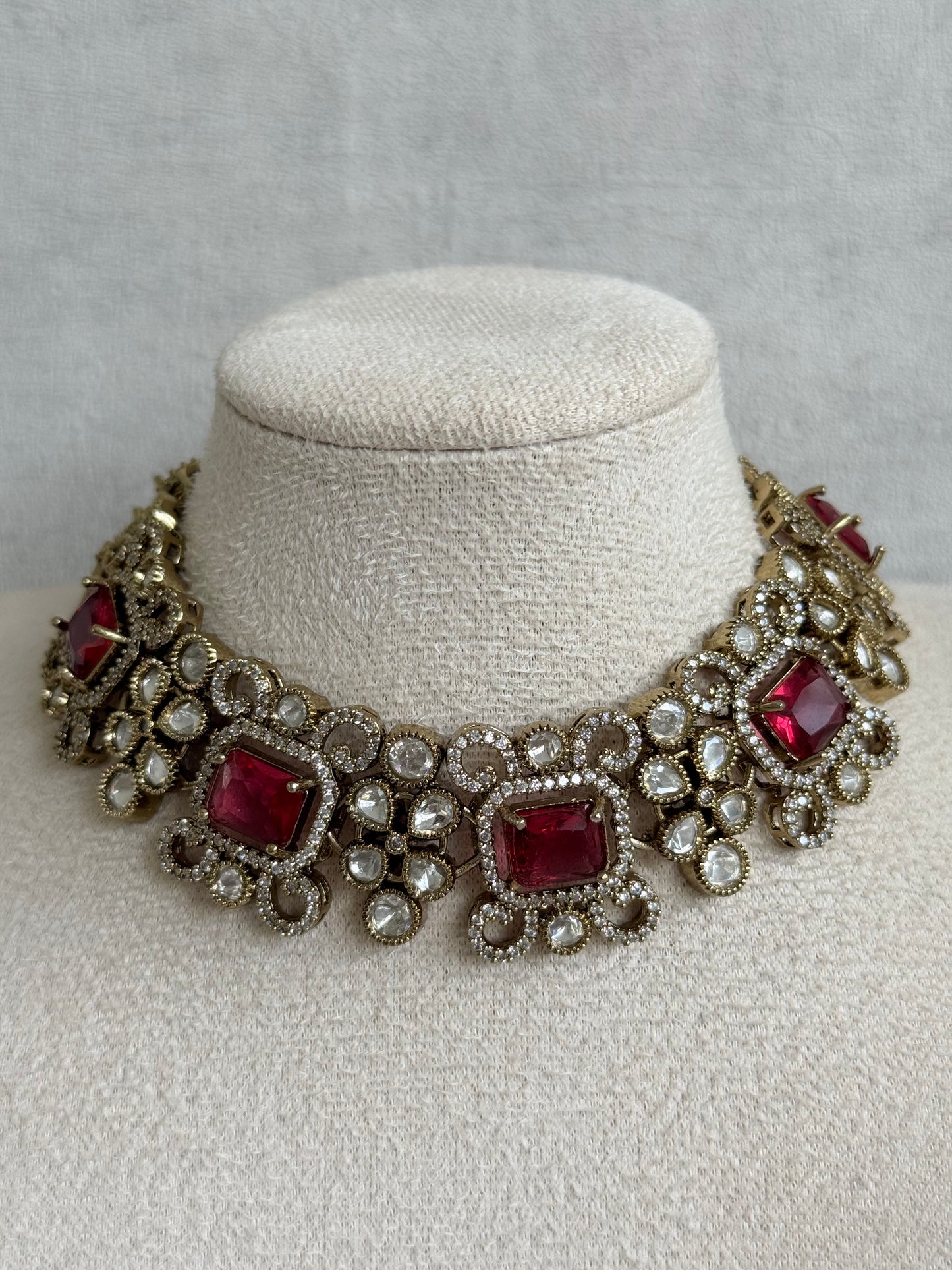 Ayura Designs Celine Necklace Set with Earrings – Moissanite Ruby Rose Statement Set