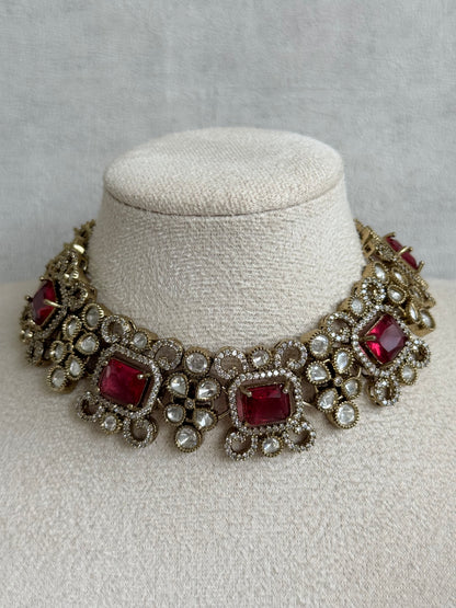 Ayura Designs Celine Necklace Set with Earrings – Moissanite Ruby Rose Statement Set