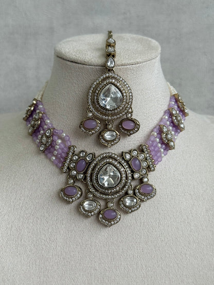 Ayura Designs Rahi Necklace Set with Earrings & Tikka – Lilac Stones with Mirror-Cut Detailing & Pearl Strands
