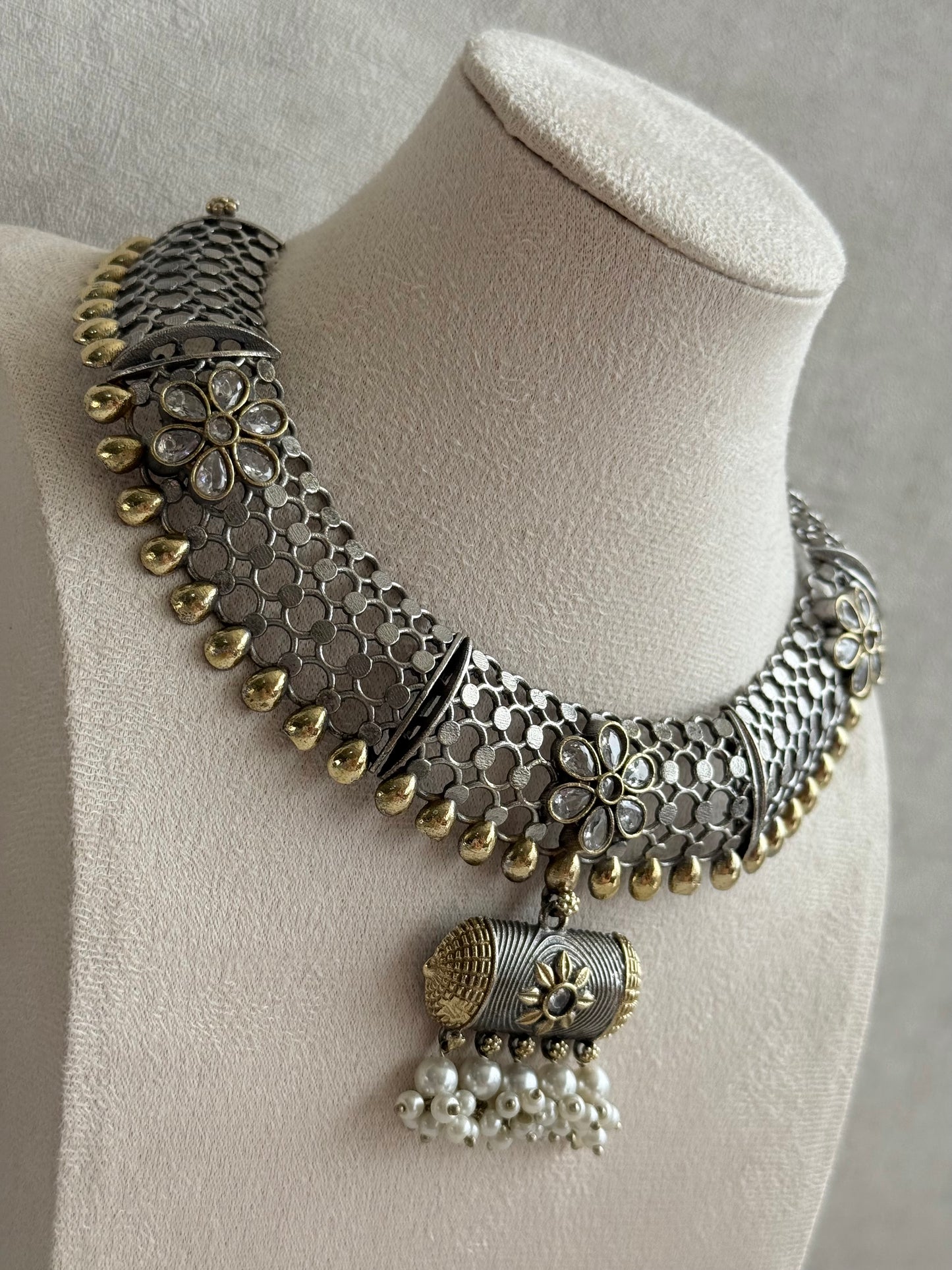 Ayura Designs Taal Necklace Set with Earrings & Tikka – Dual Tone Oxidised Mesh Necklace with Barrel Motifs & Pearl Detailing