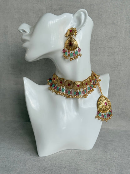 Ayura Designs Chetna Choker Set with Earrings & Tikka – Aqua & Rani Pink Beads, Cream Pearl Drops with Pipal Patti Detailing