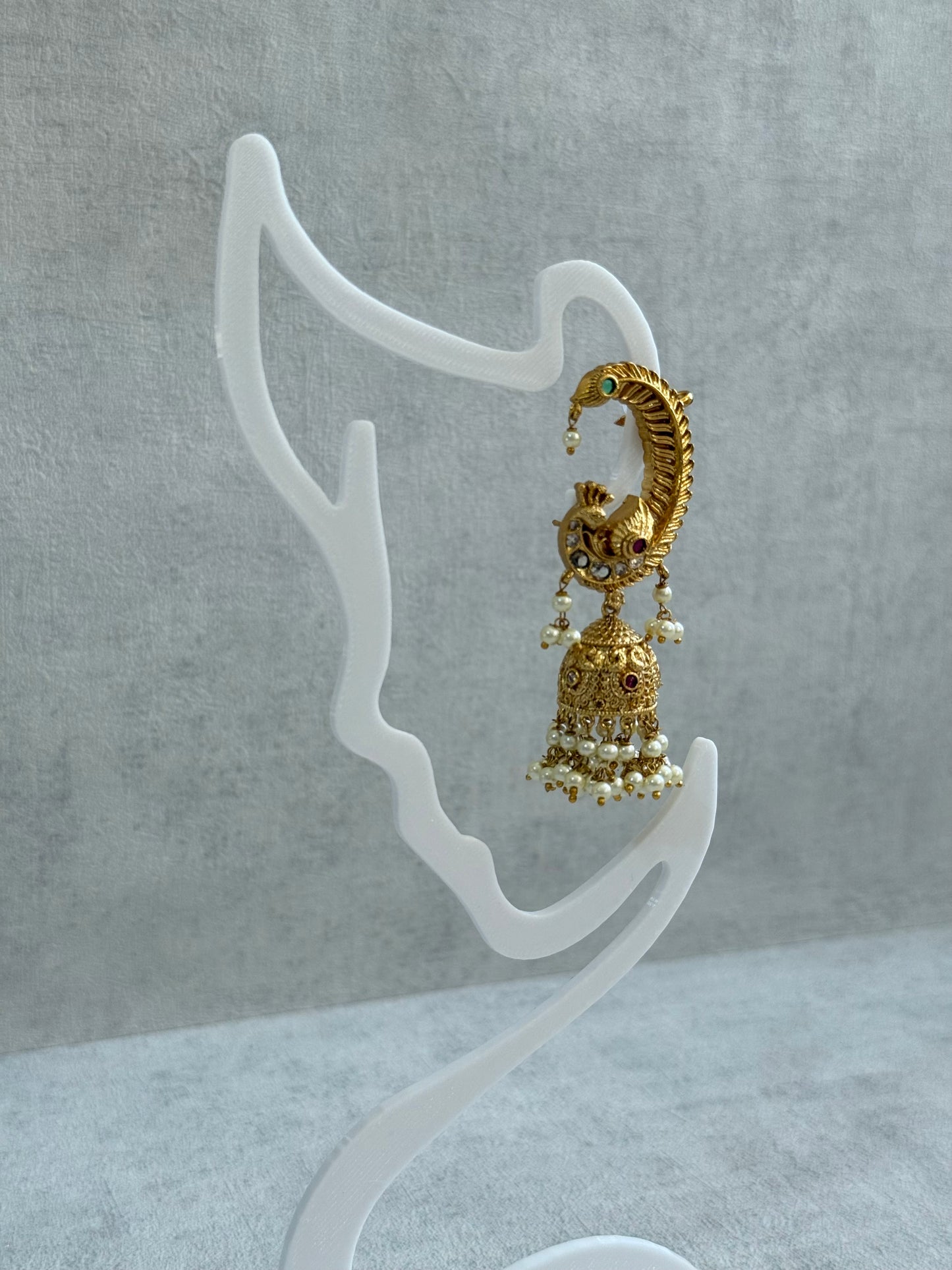 Ayura Designs Mythili Jhumkis – Half Ear Cuffs in Antique Gold with Peacock Design, Pink & Emerald Green Stones and Pearl Drops