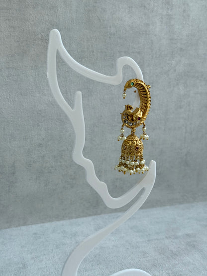 Ayura Designs Mythili Jhumkis – Half Ear Cuffs in Antique Gold with Peacock Design, Pink & Emerald Green Stones and Pearl Drops