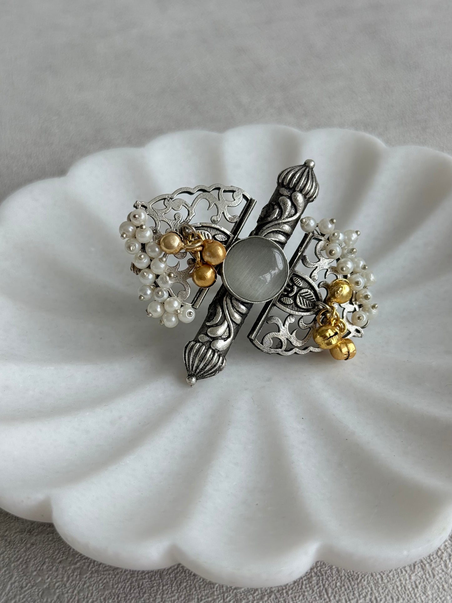 Ayura Designs Arshia Adjustable Ring – Oxidised Statement Ring with Pearl Detailing, Grey Stone & Ghungroo Charms