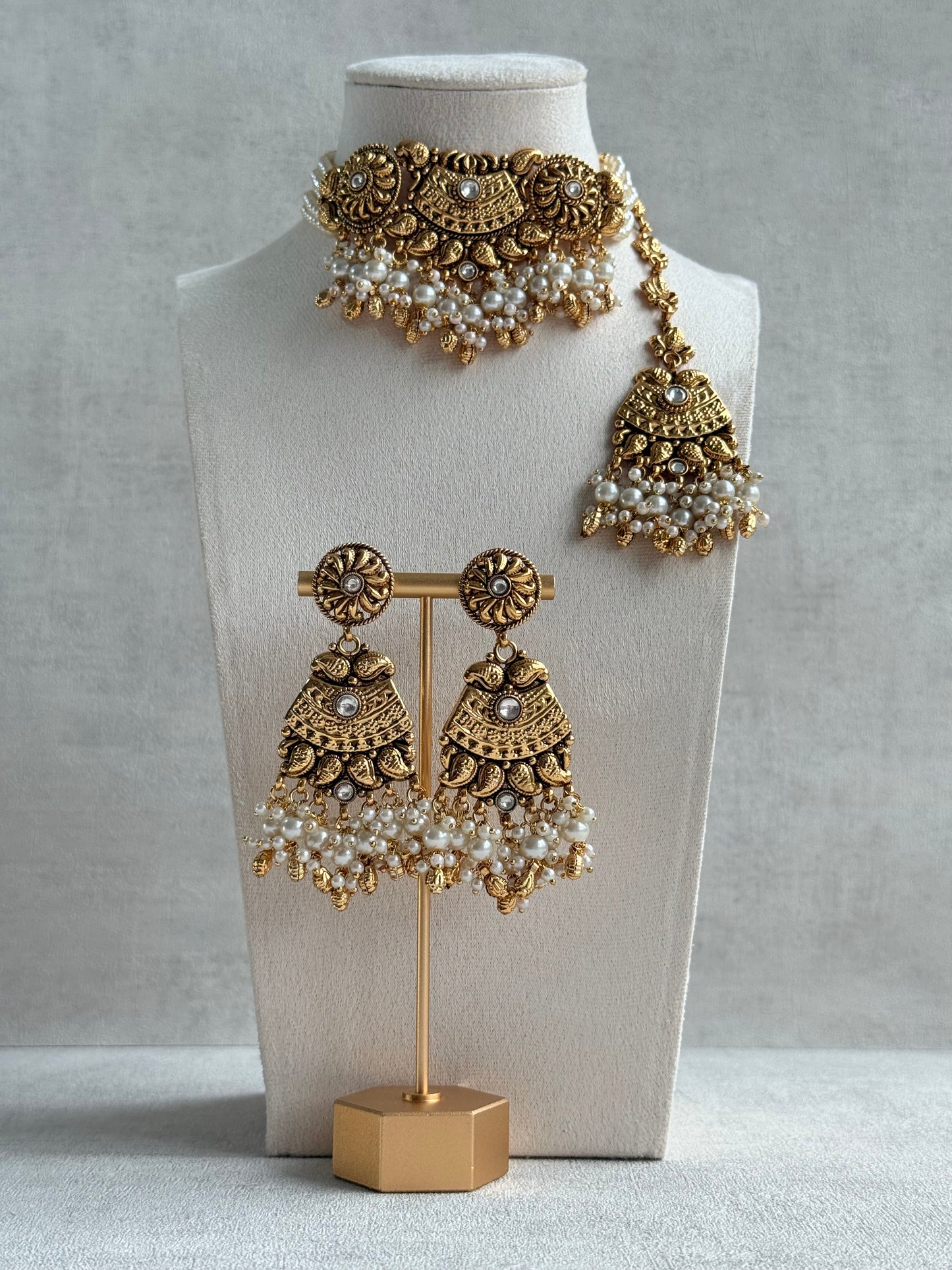 Ayura Designs Sairish Choker Set with Earrings & Tikka – Ivory Beads, Pearl Detailing, Ghungroos, Paisley Motifs & Antique Gold Finish