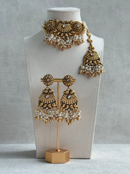 Ayura Designs Sairish Choker Set with Earrings & Tikka – Ivory Beads, Pearl Detailing, Ghungroos, Paisley Motifs & Antique Gold Finish