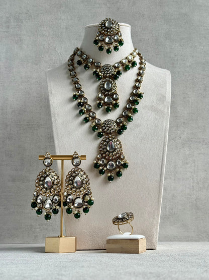 Ayura Designs Kalika Set with Necklace, Earrings, Tikka & Ring – Polki-Style Stones with Antique Green Enamel Detailing, Emerald Green Beads & Pearl Drops