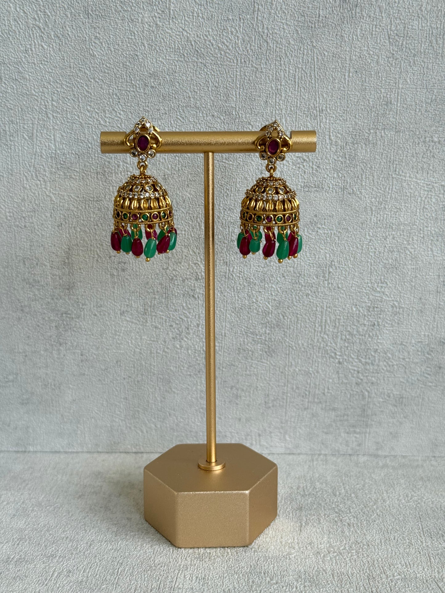 Ayura Designs Devi Jhumkis – Ruby Pink & Green Stones with Clear Stone Detailing & Gold Finish