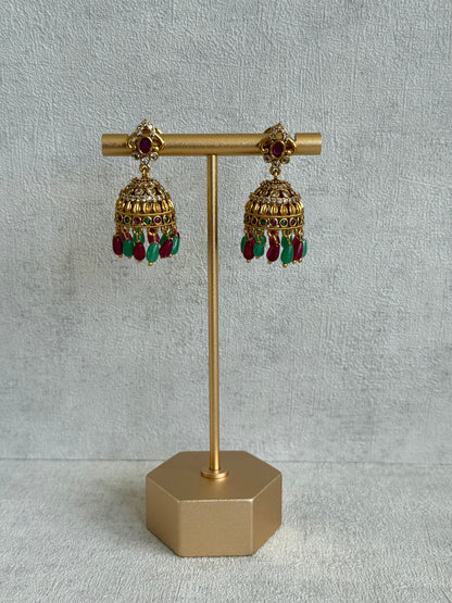 Ayura Designs Devi Jhumkis – Ruby Pink & Green Stones with Clear Stone Detailing & Gold Finish