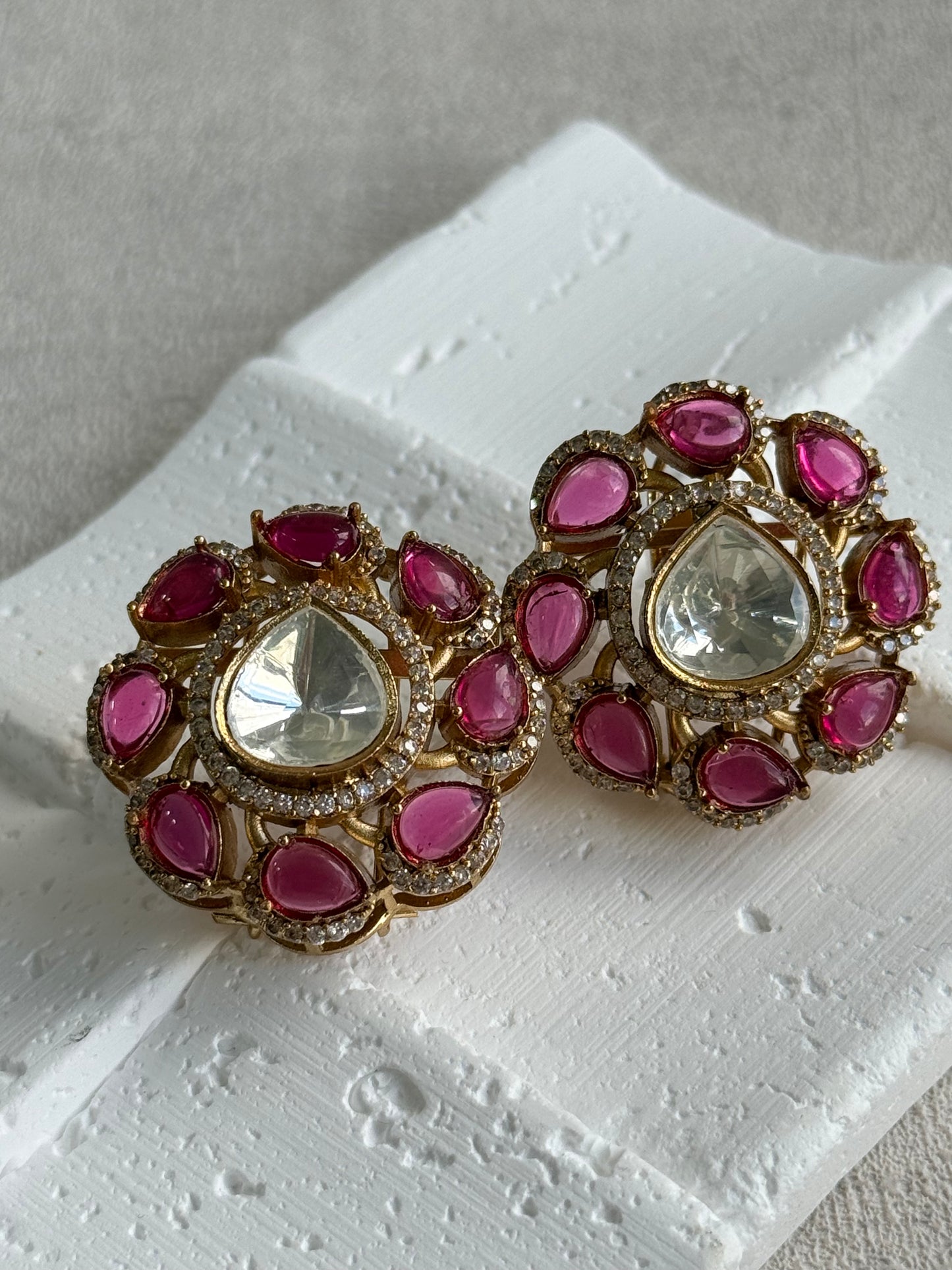 Ayura Designs Giana Stud Earrings – Rani Pink & Crystal Kundan with Gold Finish