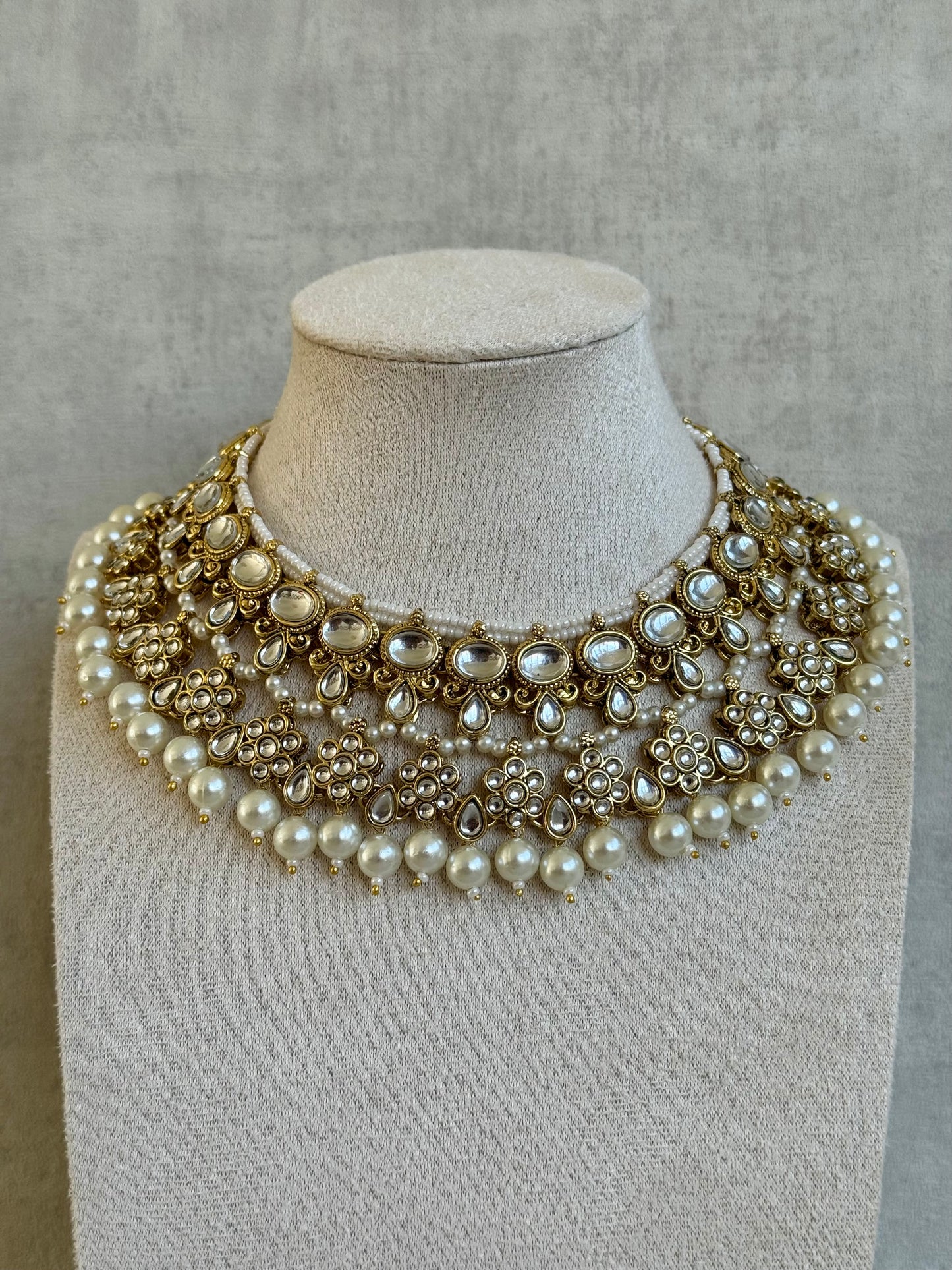 Ayura Designs Tehzeeb Set – Necklace, Tikka & Jhumkas in Antique Gold and Pearls