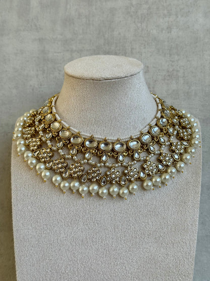 Ayura Designs Tehzeeb Set – Necklace, Tikka & Jhumkas in Antique Gold and Pearls