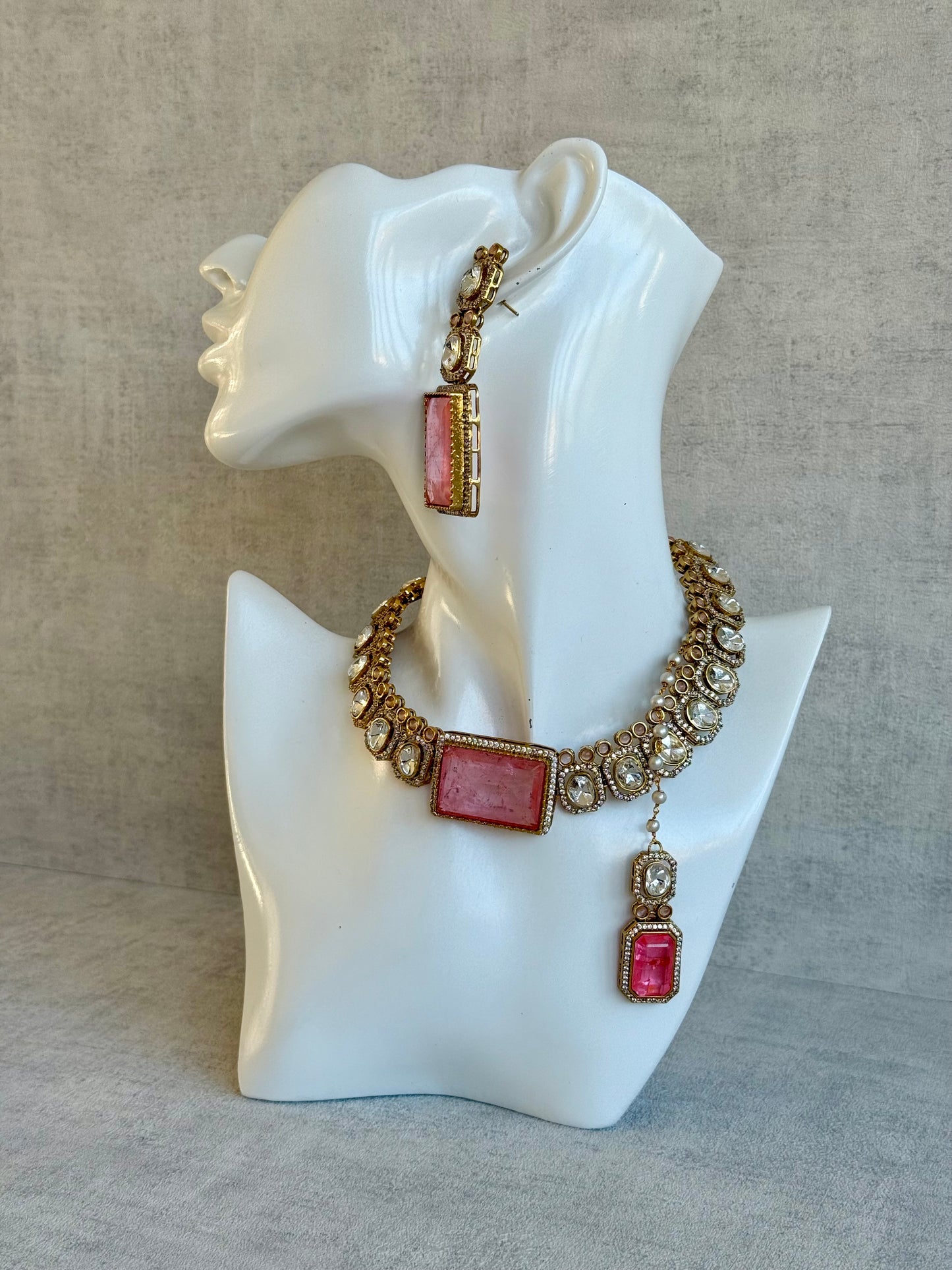 Ayura Designs Clara Set with Earrings and Tikka – Rose Quartz Pink Stones with Moissanite and Antique Gold Finish