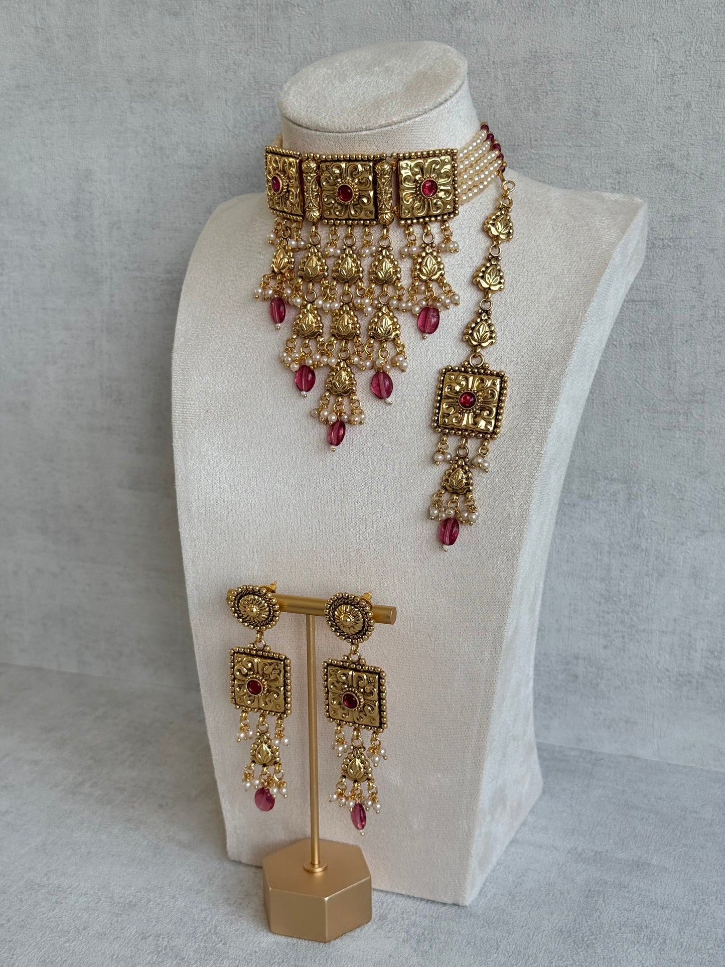 Ayura Designs Nimrah Choker Set with Earrings & Tikka – Ruby Pink Gold Tone Waterfall Jewellery Set