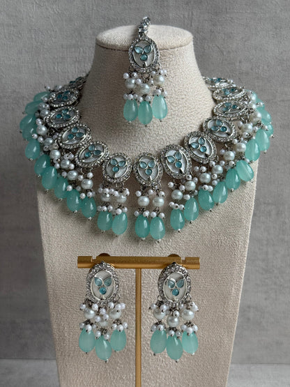 Ayura Designs Linza Set – Necklace, Earrings & Tikka in Aqua Blue & Pearl with Silver Finish