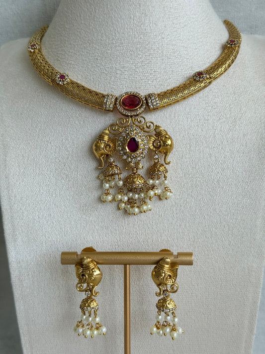 Ayura Designs Wadha Collar Necklace Set with Earrings – Gold Elephant Pendant & Ruby Red Stone Detailing