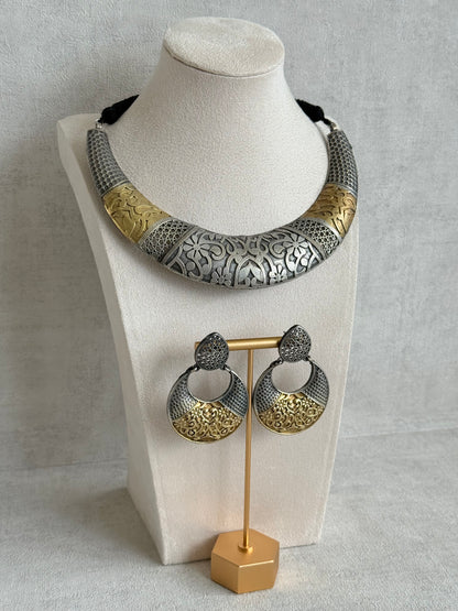 Ayura Designs Raahil Necklace Set with Earrings – Dual Tone Oxidised Statement Necklace with Floral Engraving & Cutwork Detailing