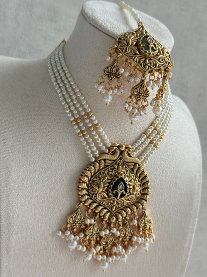 Ayura Designs Afia Necklace Set with Earrings & Tikka – Antique Gold, Ivory Pearls, Green Centre Stone & Peacock Motifs