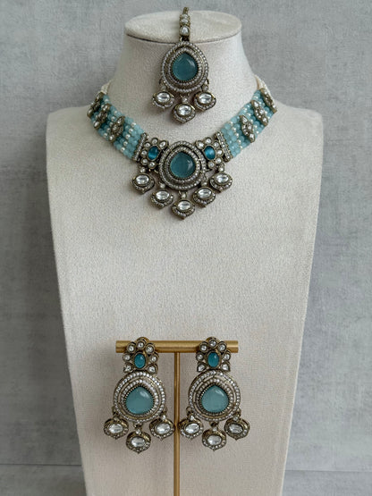 Ayura Designs Rahi Necklace Set with Earrings & Tikka – Aqua Blue Stones with Mirror-Cut Detailing & Pearl Strands
