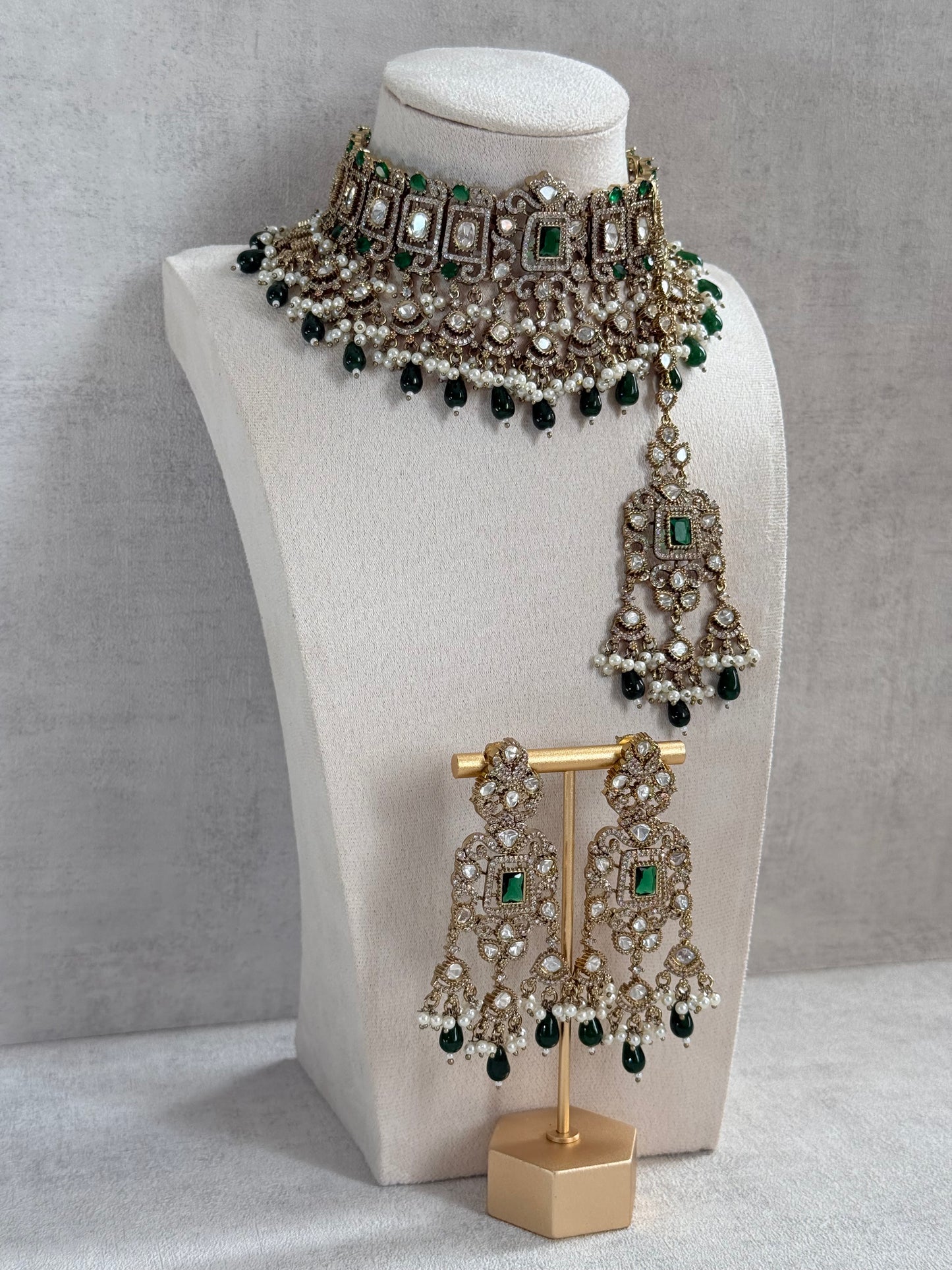 Ayura Designs Aisha Choker Set with Earrings & Tikka – Emerald Green Stones, Polki & Pearl Detailing