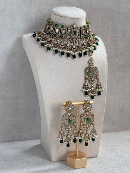 Ayura Designs Aisha Choker Set with Earrings & Tikka – Emerald Green Stones, Polki & Pearl Detailing
