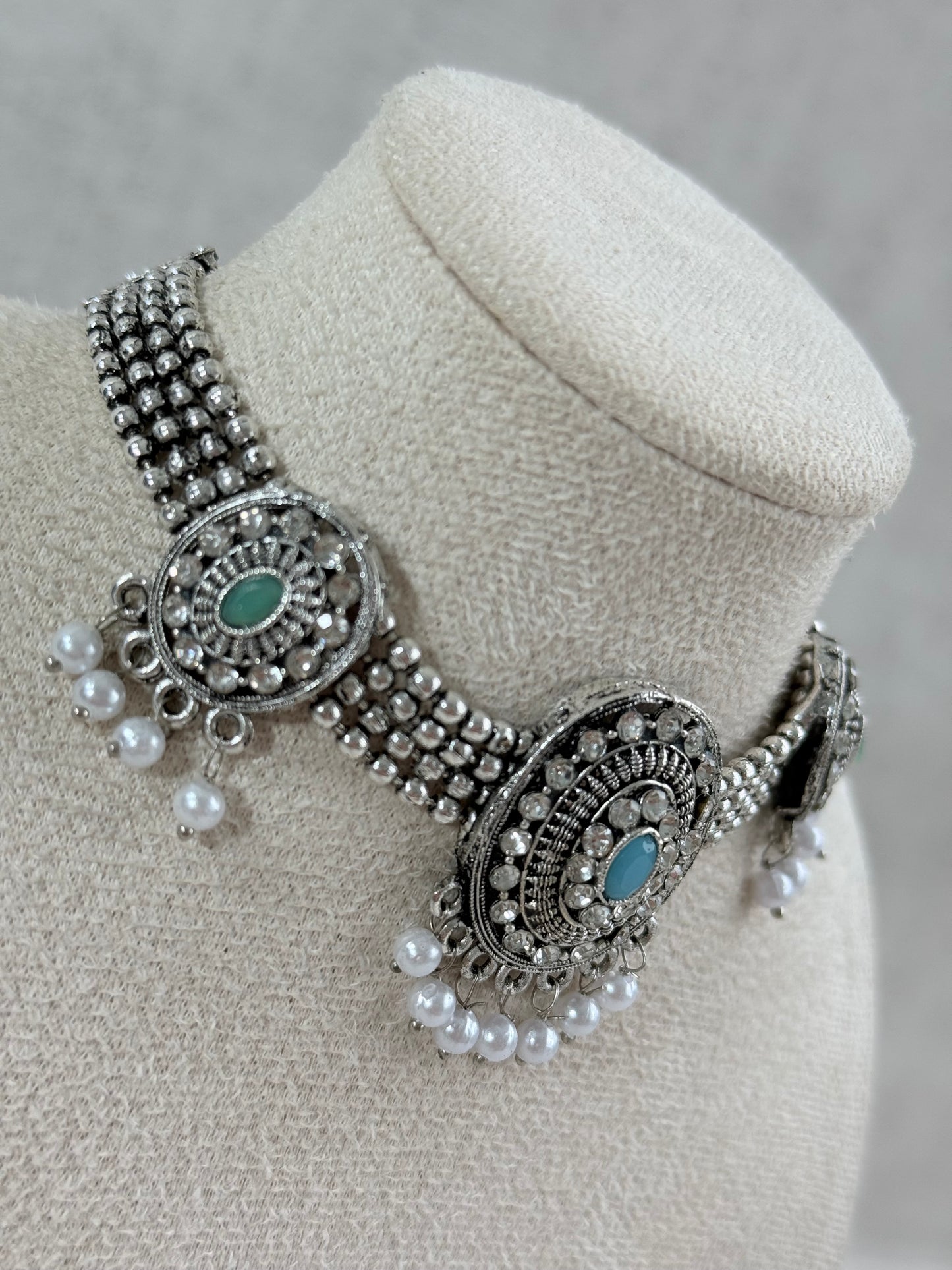 Ayura Designs Gauri Choker Necklace Set with Earrings & Tikka – Mint Green, Turquoise Blue & Crystal Stones with Oxidised Silver Finish