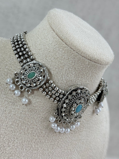Ayura Designs Gauri Choker Necklace Set with Earrings & Tikka – Mint Green, Turquoise Blue & Crystal Stones with Oxidised Silver Finish