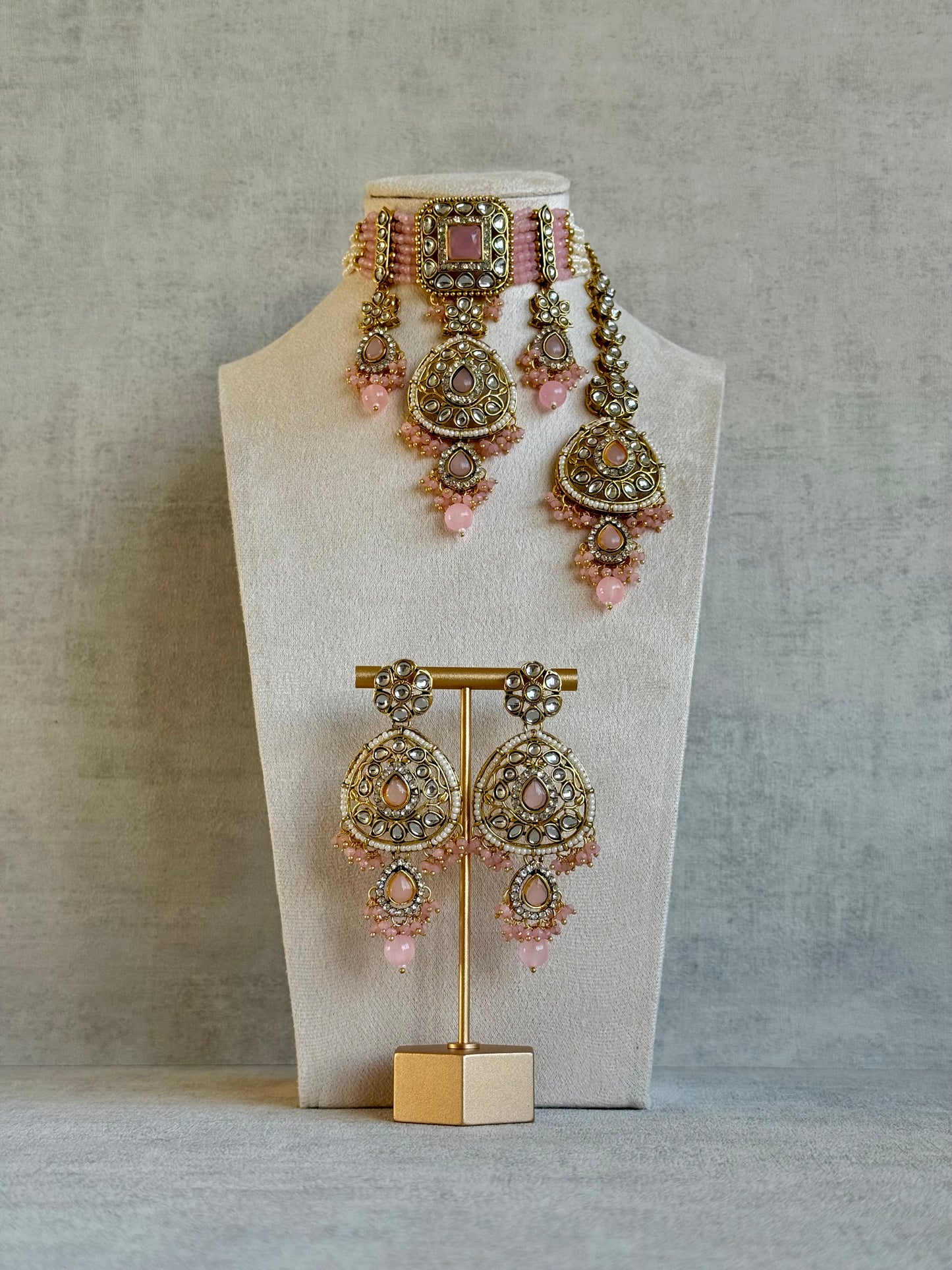Ayura Designs Zarmeen Choker Set with Earrings & Tikka – Mirror-Cut Stones, Antique Gold Finish and Blush Pink Beads