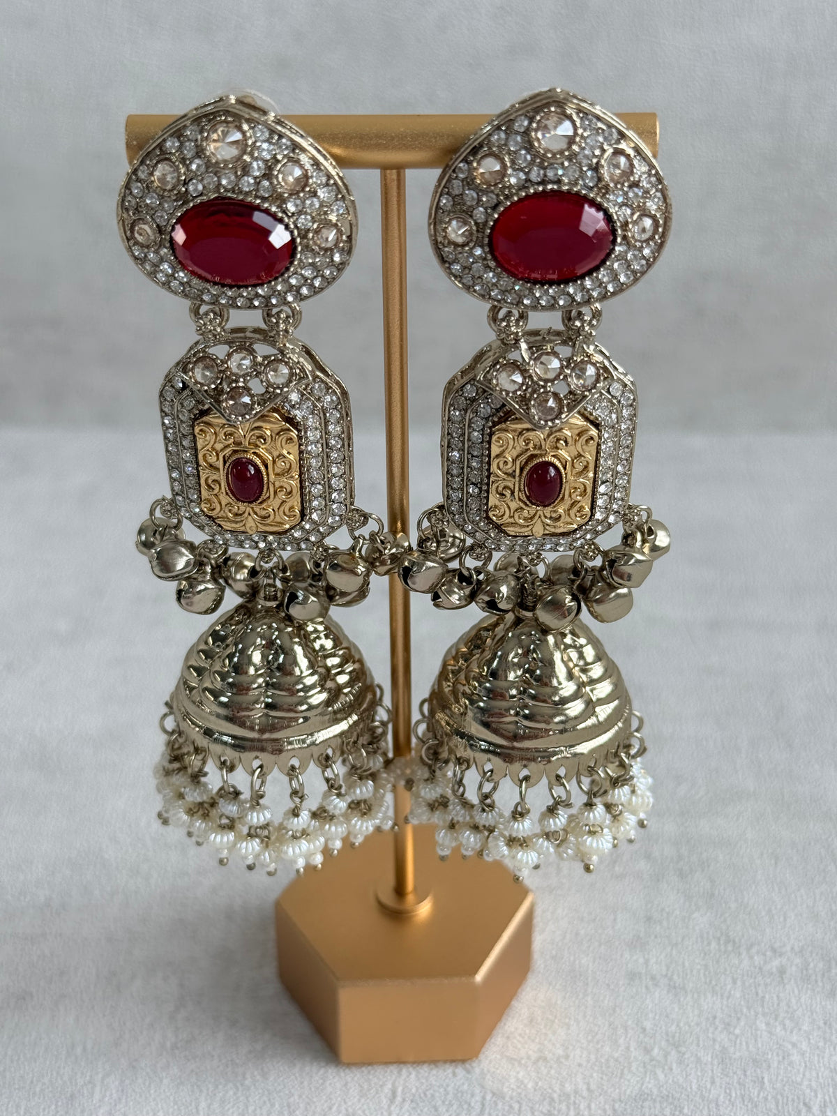 Ayura Designs Maara Jhumkis – Champagne Gold with Ruby Red Stones, Crystals, Ghungroos & Pearl Detailing