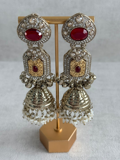 Ayura Designs Maara Jhumkis – Champagne Gold with Ruby Red Stones, Crystals, Ghungroos & Pearl Detailing