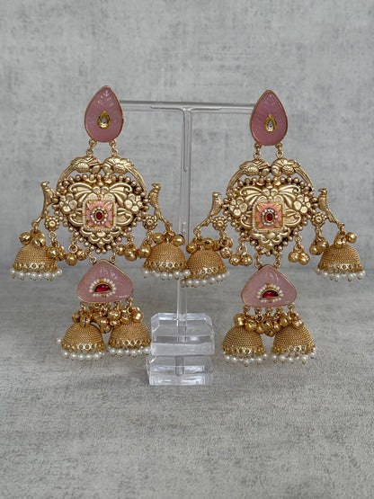 Ayura Designs Areesha Earrings – Gold-Plated Earrings with Blush Pink Enamel, Layered Jhumkas & Pearl Detailing