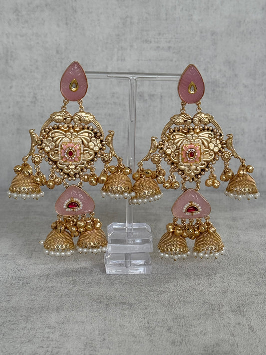 Ayura Designs Areesha Earrings – Gold-Plated Earrings with Blush Pink Enamel, Layered Jhumkas & Pearl Detailing