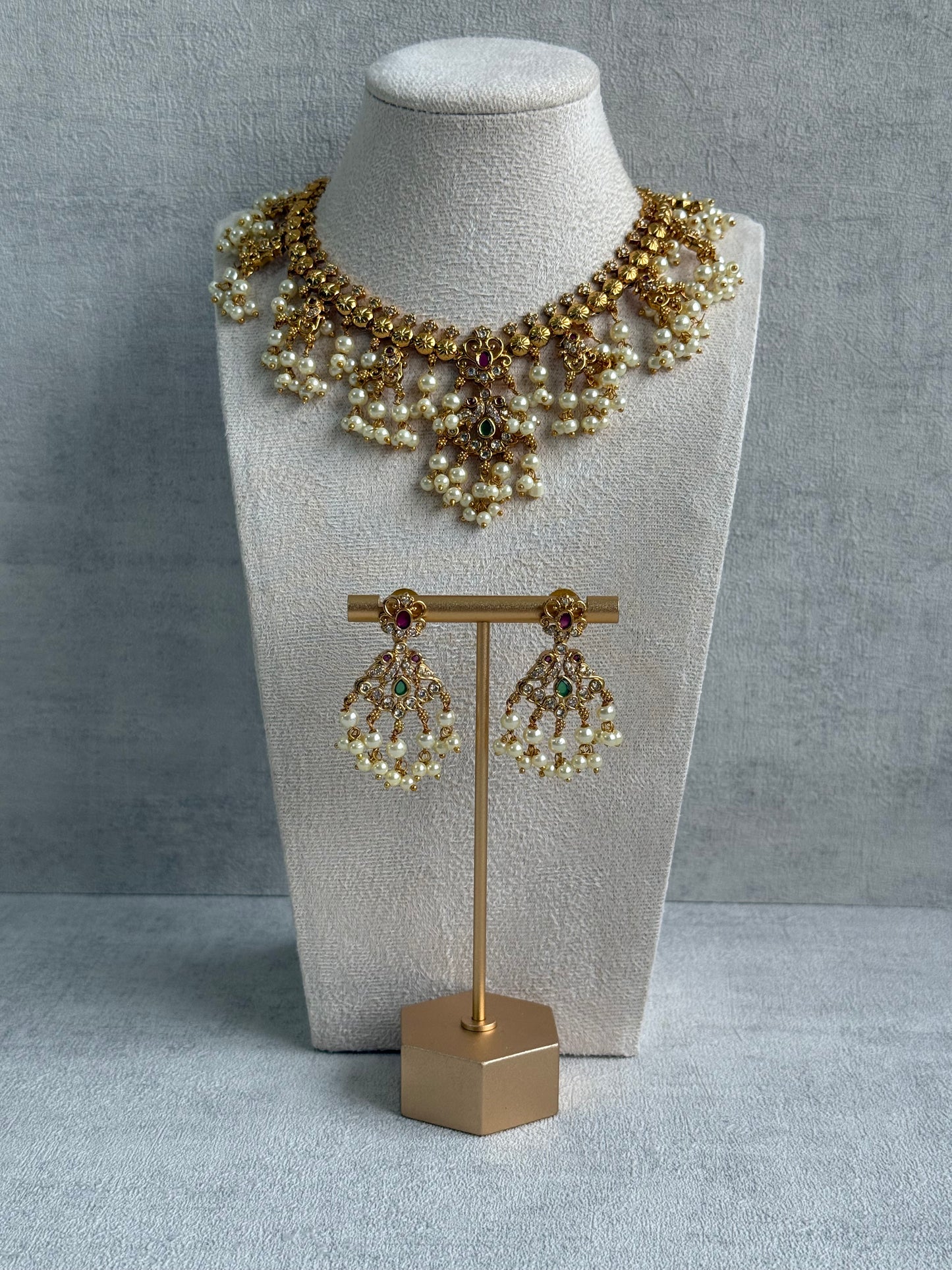 Ayura Designs Tanvi Set – Antique Gold Necklace & Earrings with Kundan, Ruby, Emerald & Pearl Detailing