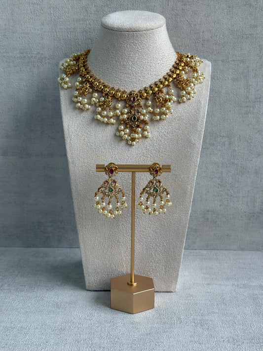 Ayura Designs Tanvi Set – Antique Gold Necklace & Earrings with Kundan, Ruby, Emerald & Pearl Detailing
