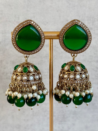 Ayura Designs Brielle Set – Necklace & Jhumkis with Mirror-Cut Stones, Emerald Green & Ivory Beads