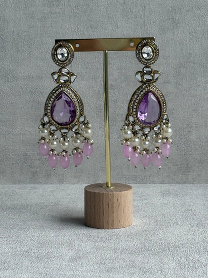 Ayura Designs Nageen Earrings – Antique Gold Jhumkis with Lilac Stones, Mirror-Cut Accents & Pearl Drops