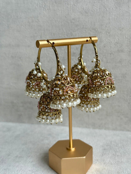 Ayura Designs Nakhra Balis – Blush Pink Triple Dome Earrings with Mirror-Cut Stones & Pearl Detailing