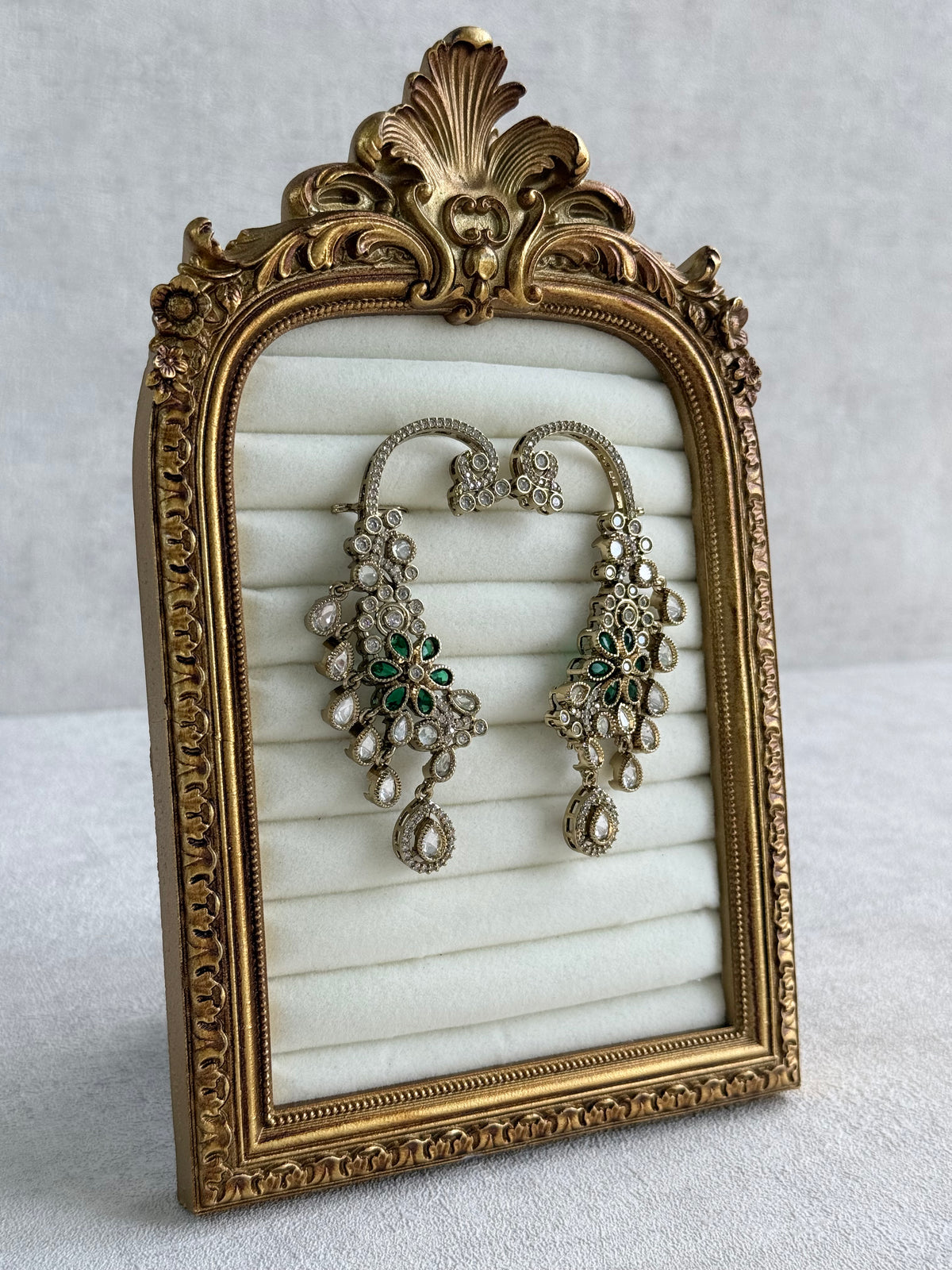 Ayura Designs Aksara Kaanphool Earrings – Emerald Green Stones, Kundan, Crystals & Antique Gold Finish