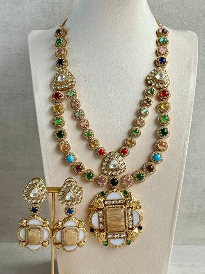 Ayura Designs Daphne Necklace Set with Statement Earrings – Gold Finish with Moissanite-Style Stones & Multicolour Accents