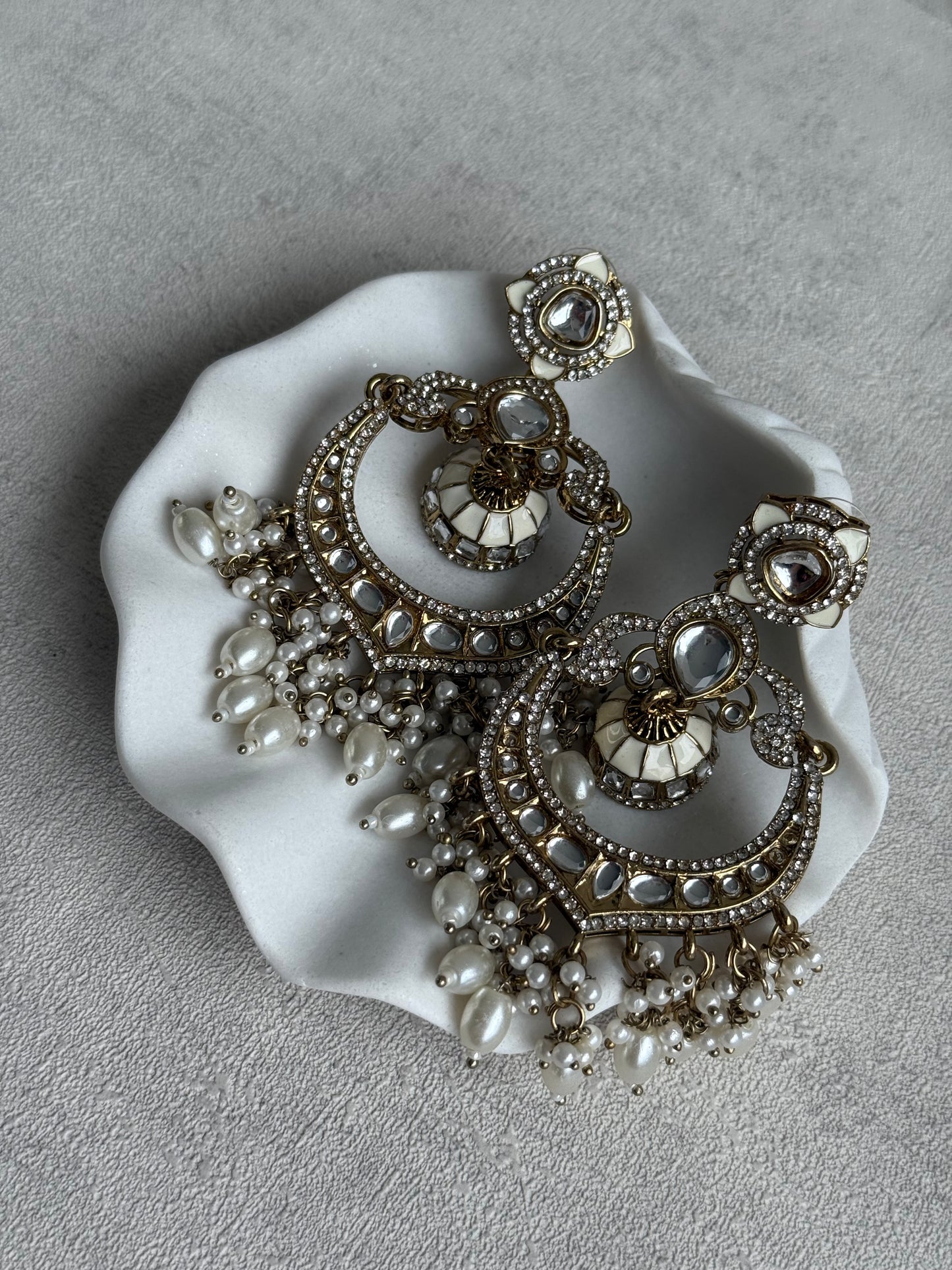 Ayura Designs Reha Earrings – Statement Chandbalis with Ivory Pearls & Mirror-Cut Stones