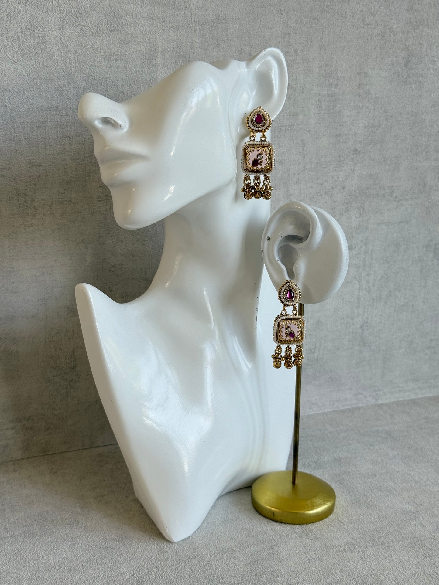 Ayura Designs Inira Drop Earrings – Blush Pink Enamel Bird Earrings with Rani Pink Kundan & Ghungroo Drops