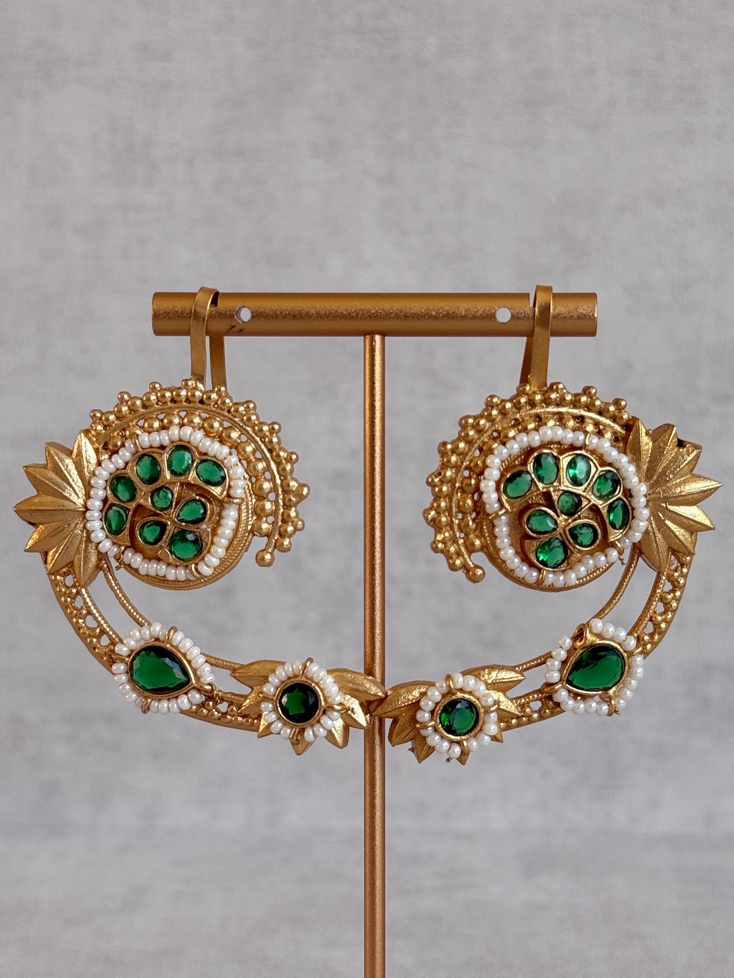 Ayura Designs Raatani Ear Climbers – Emerald Green Ear Climbers with Pearl Detailing & Floral Cutwork Design