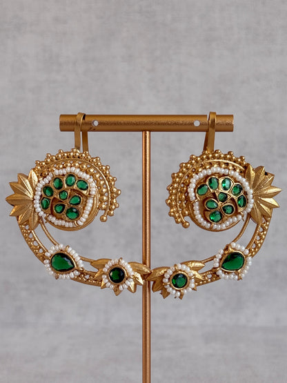 Ayura Designs Raatani Ear Climbers – Emerald Green Ear Climbers with Pearl Detailing & Floral Cutwork Design