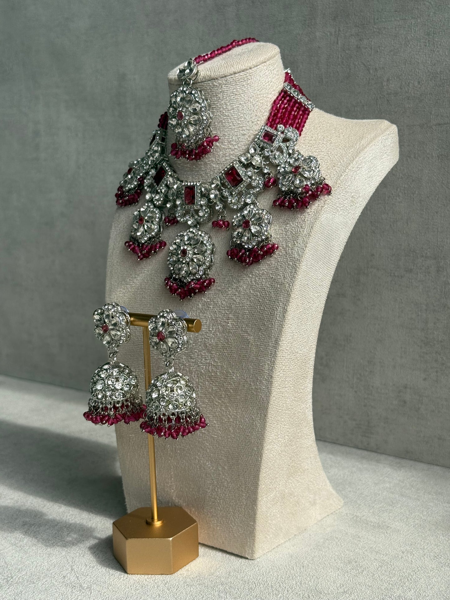 Ayura Designs Zarghuna Set with Jhumkis & Tikka – Fuchsia Beads, Mirror-Cut Stones & Silver Finish