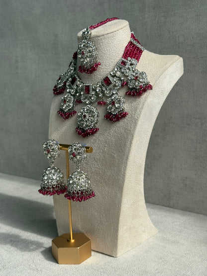 Ayura Designs Zarghuna Set with Jhumkis & Tikka – Fuchsia Beads, Mirror-Cut Stones & Silver Finish