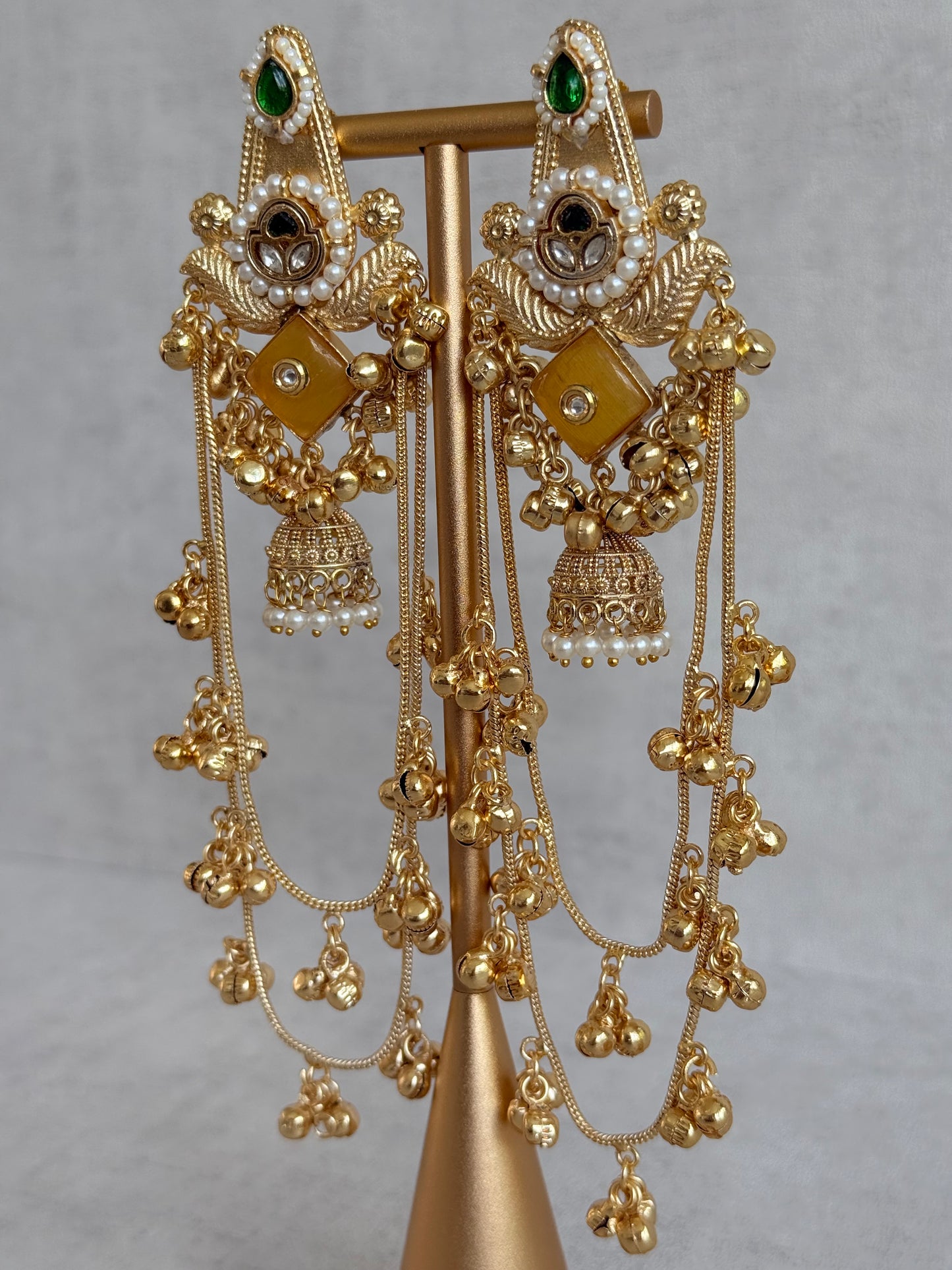 Ayura Designs Simal Earrings – Kashmiri Earrings with Amber Stone, Multicoloured Detailing, Layered Ghungroo Chains & Jhumkis