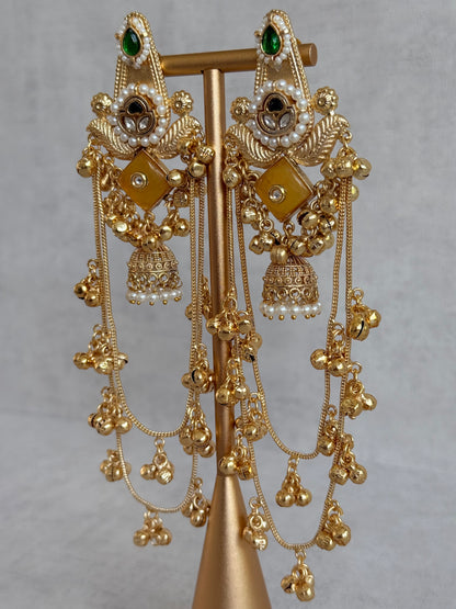Ayura Designs Simal Earrings – Kashmiri Earrings with Amber Stone, Multicoloured Detailing, Layered Ghungroo Chains & Jhumkis