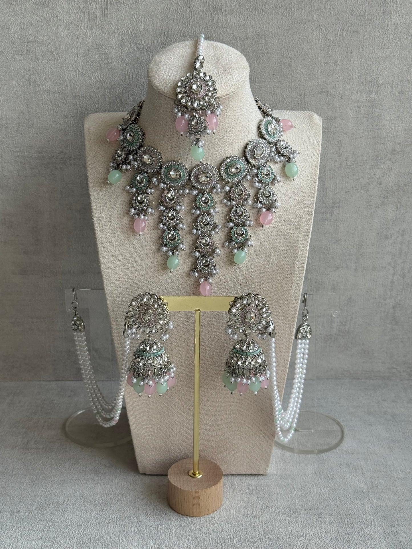 Ayura Designs Nawal Set – Necklace, Jhumkis, Tikka & Detachable Sahare with Mint & Blush Beads, Pearls & Antique Silver Finish