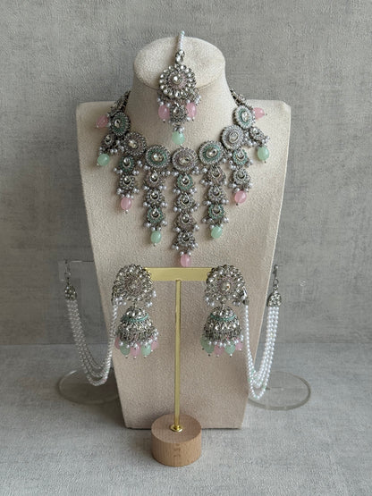 Ayura Designs Nawal Set – Necklace, Jhumkis, Tikka & Detachable Sahare with Mint & Blush Beads, Pearls & Antique Silver Finish